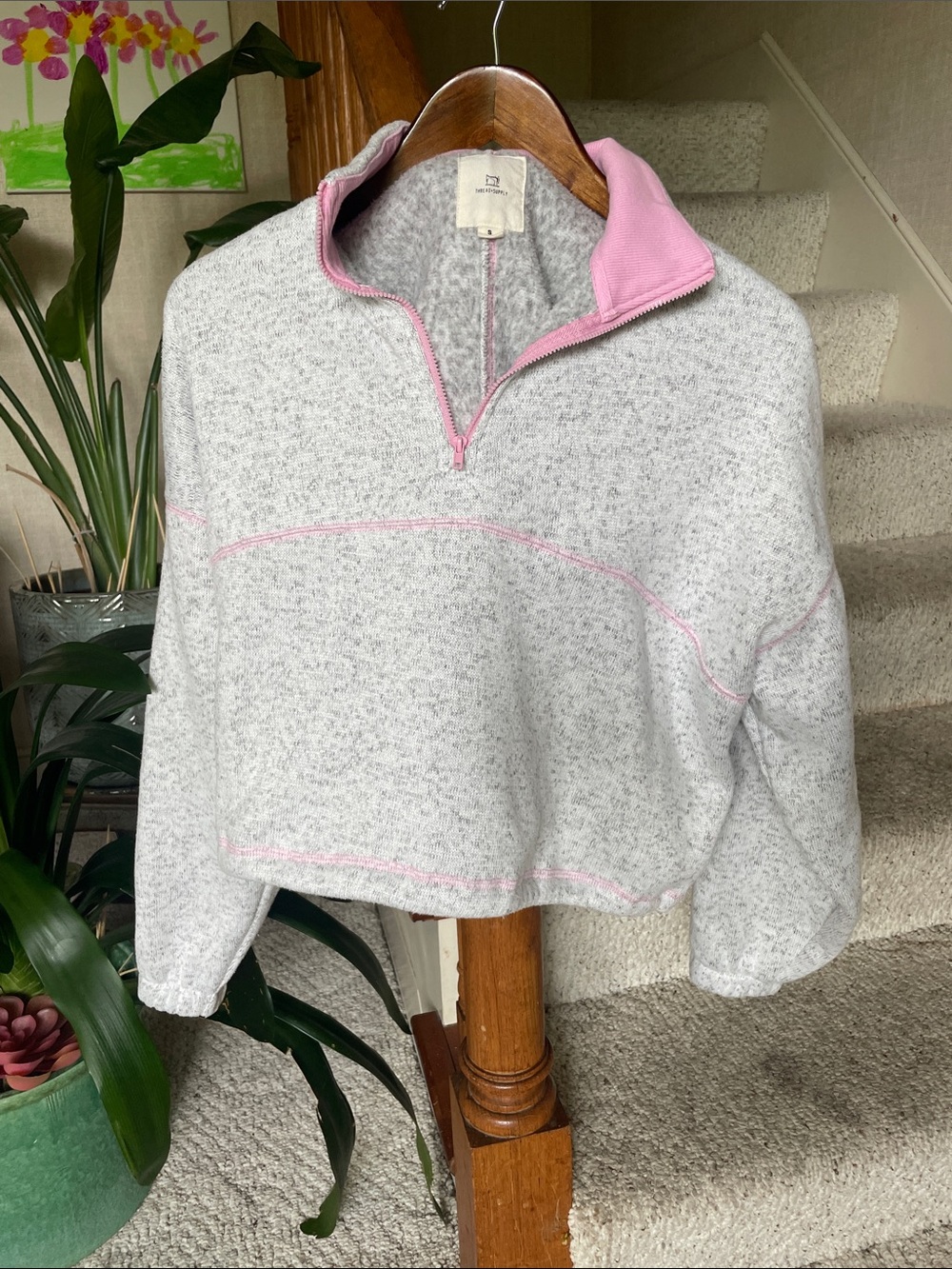 Thread & Supply Cozy Half-Zip Sweatshirt - Gray with Pink Trim